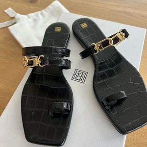 NEW* Toteme Double Clasp Flat black Croc Sandals